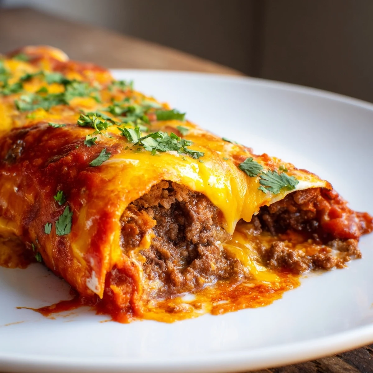 Warm beef enchiladas smothered in a rich red sauce, topped with melted cheese and served with sour cream.