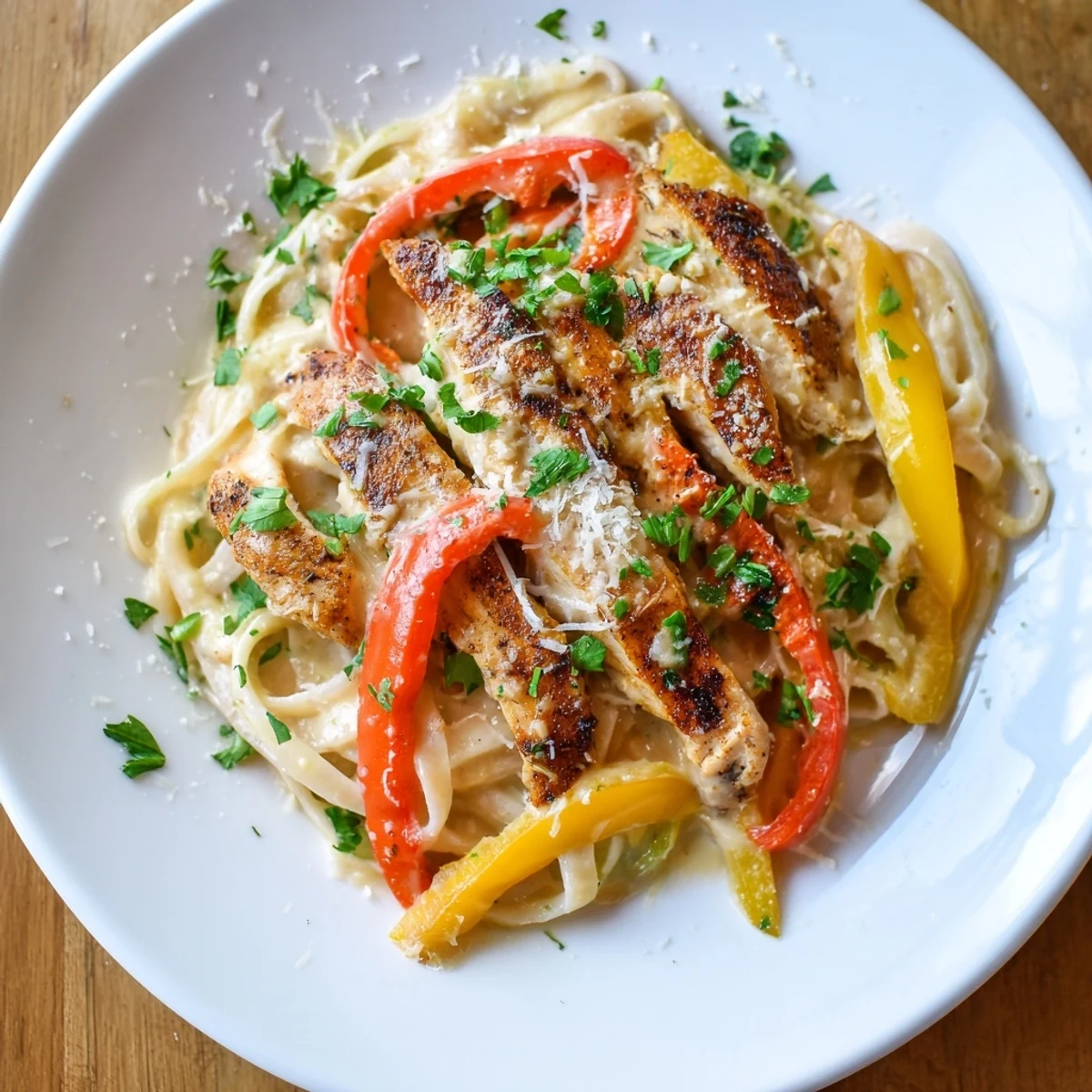 Creamy Cajun Chicken Alfredo with Bell Peppers garnished with fresh parsley and extra Parmesan, served hot in a skillet.