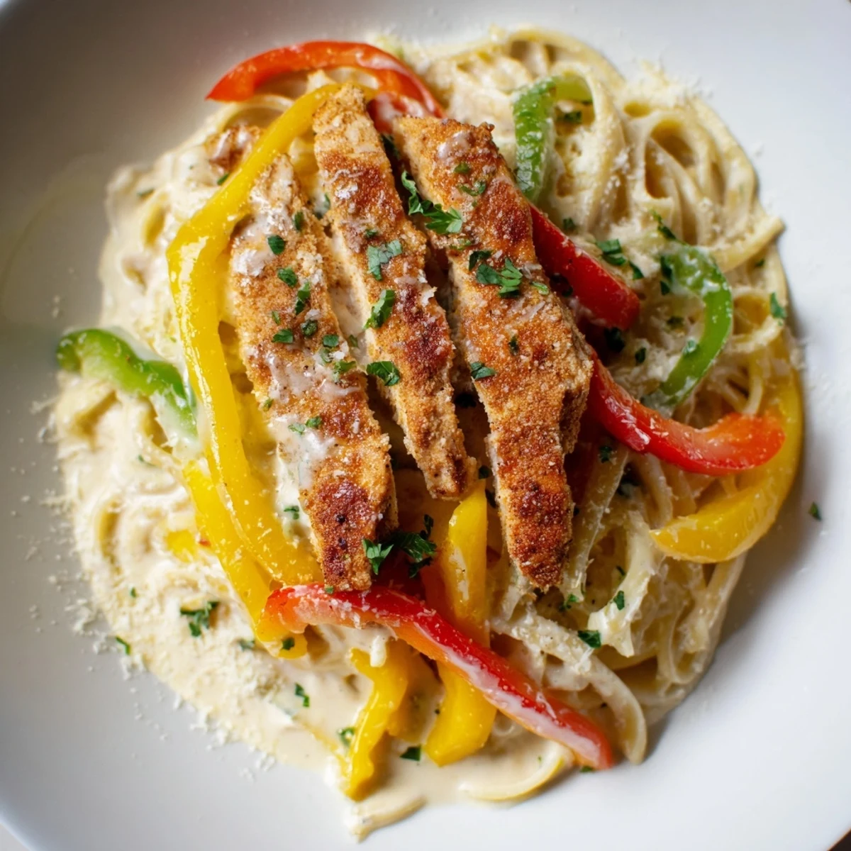 Steaming plate of Cajun Chicken Alfredo with Bell Peppers, featuring tender chicken strips and colorful peppers coated in rich sauce.