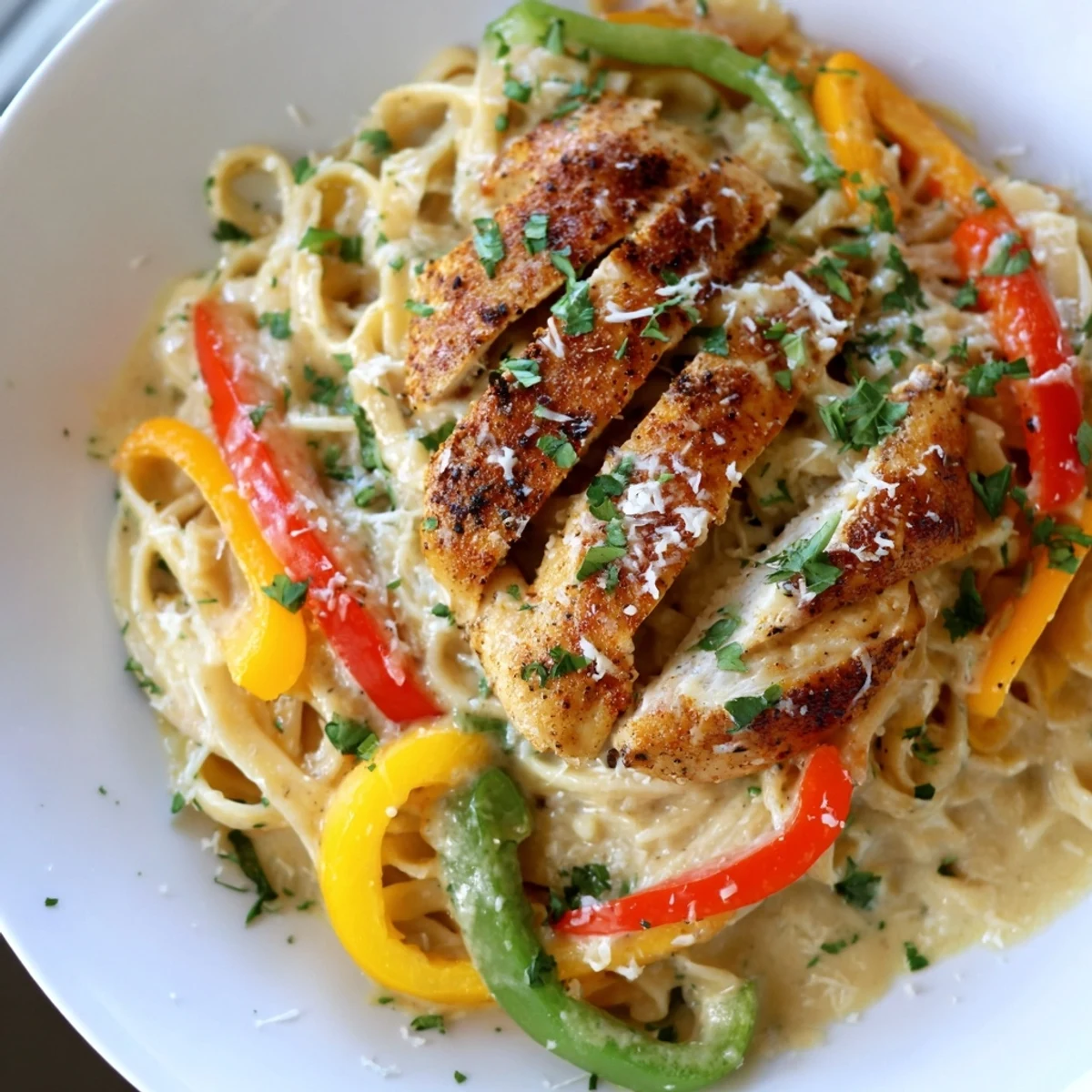 Close-up of Cajun Chicken Alfredo with Bell Peppers highlighting al dente fettuccine, juicy chicken, and melted Parmesan on a fork.
