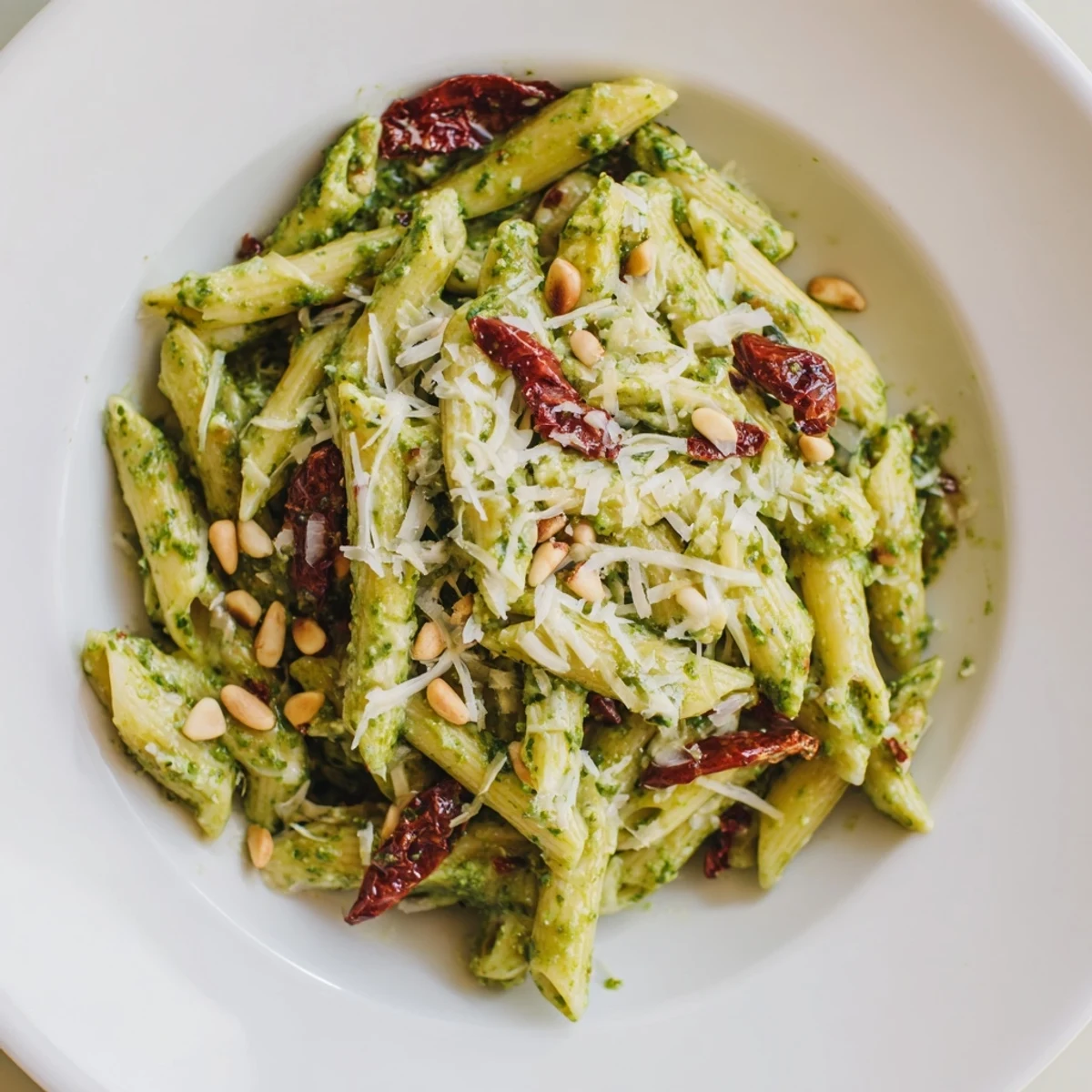 Sun-drenched Italian-inspired Green Pesto Pasta with Sun-Dried Tomatoes on a rustic plate, garnished with pine nuts and a light drizzle of olive oil.