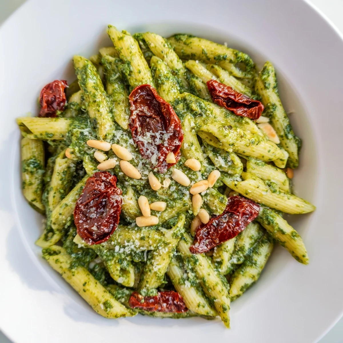 A close-up of Green Pesto Pasta with Sun-Dried Tomatoes, showing twirled fusilli coated in vibrant basil sauce and ruby-red tomato strips.