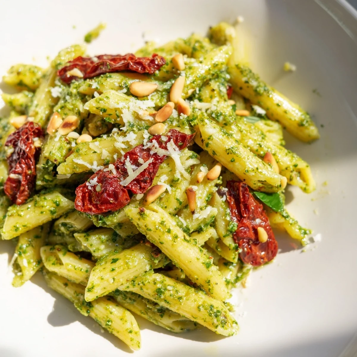 Green Pesto Pasta with Sun-Dried Tomatoes served in a shallow bowl with extra Parmesan, ideal for a quick weeknight dinner.