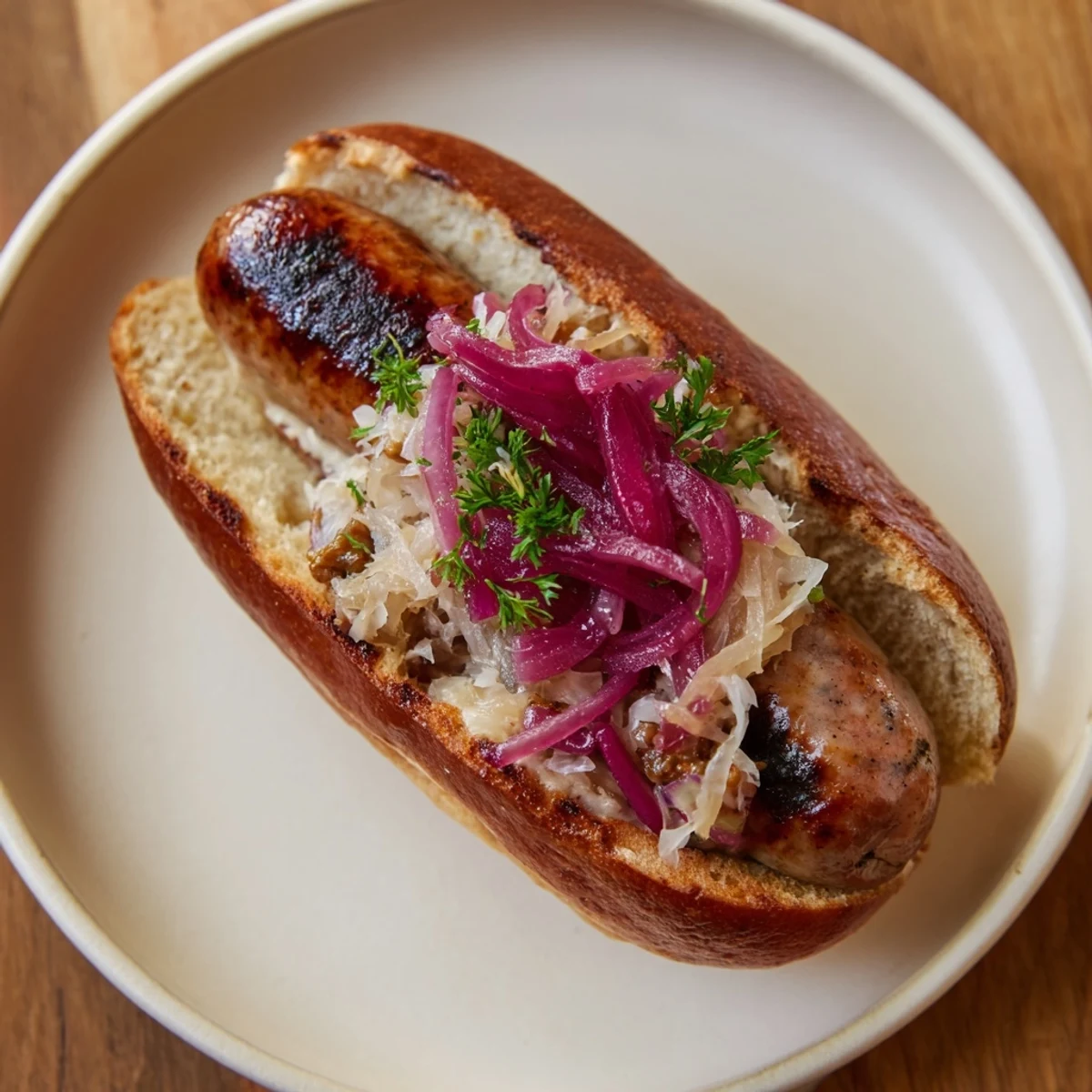 Golden beef bratwursts on a plate, topped with tangy sauerkraut, onions, and robust mustard.