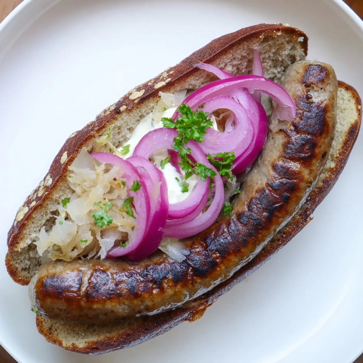 Freshly grilled beef brats with Sauerkraut and Mustard beside a cold lager on a table.