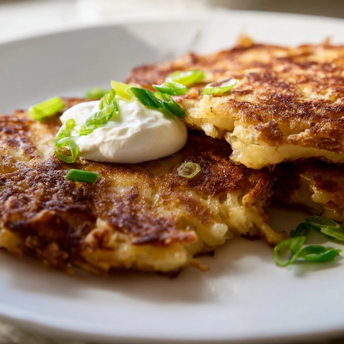 A close-up of crispy Irish Boxty Potato Pancakes with Scallions shows a tender interior and green onion flecks.