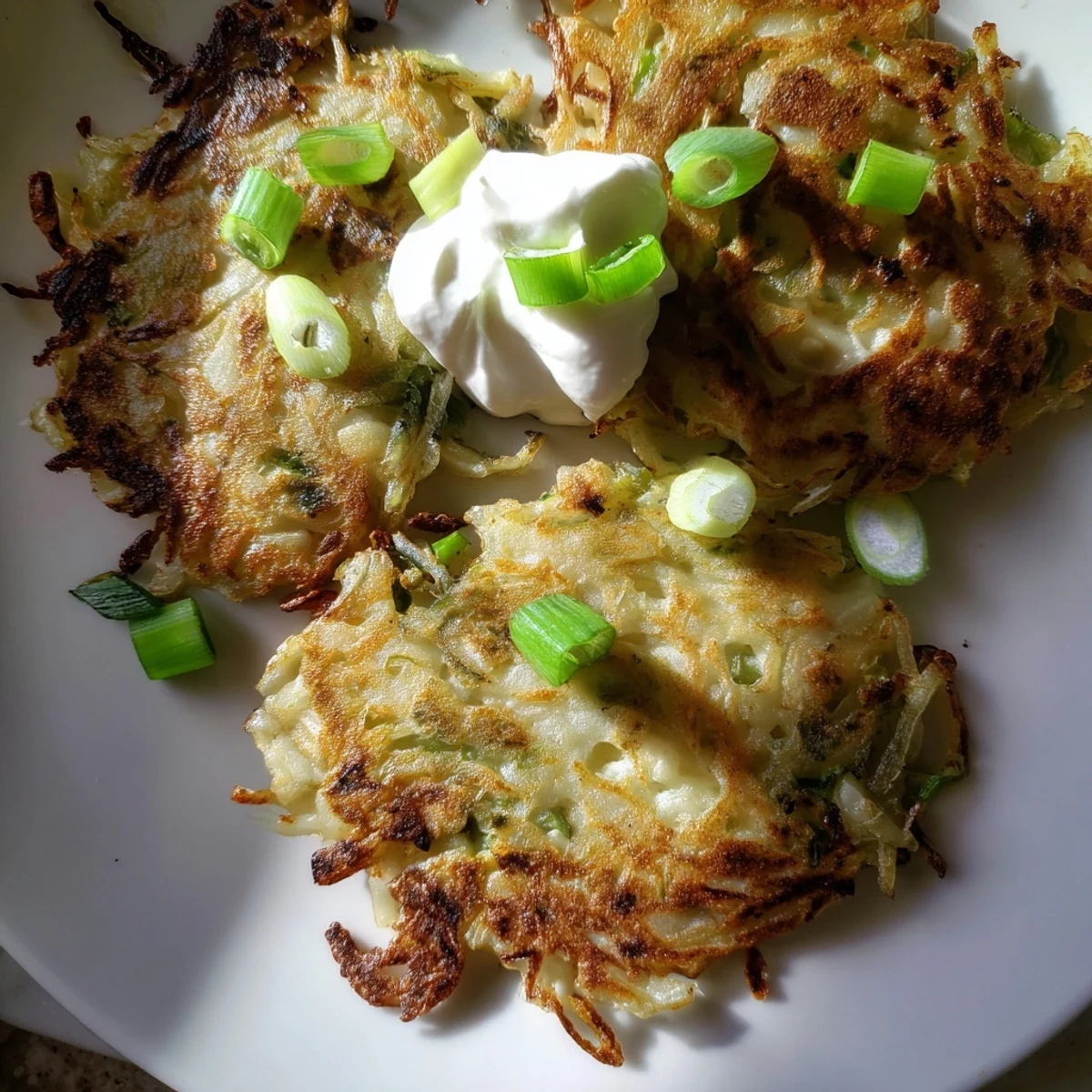 Golden brown Irish Boxty Potato Pancakes with Scallions are served hot, stacked high on a white plate for a rustic breakfast.