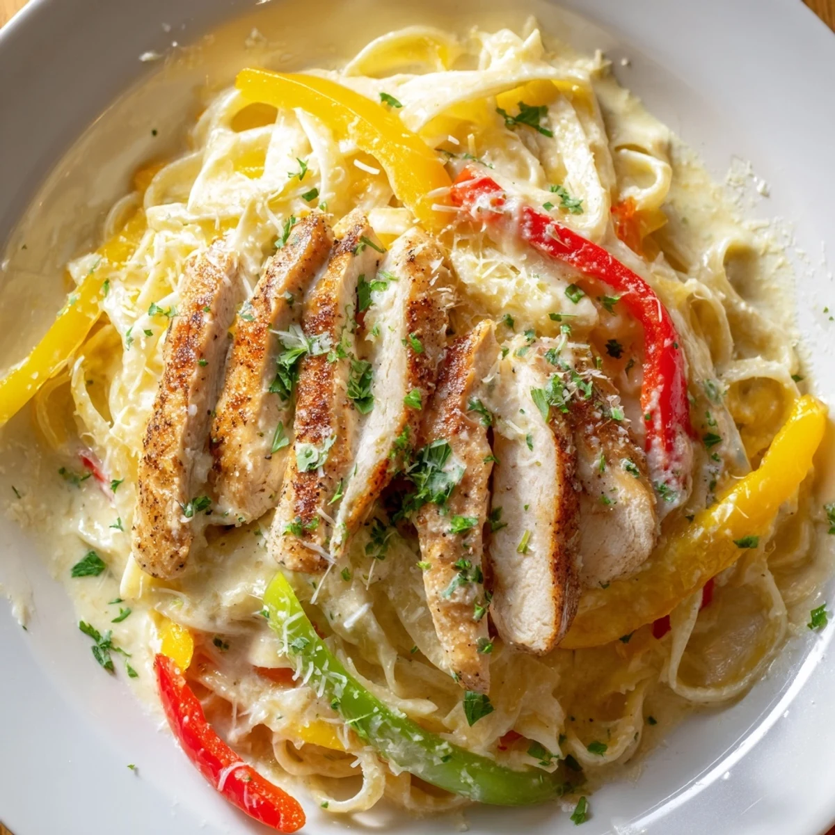 Creamy Cajun Chicken Alfredo with Bell Peppers served over fettuccine with fresh parsley garnish.
