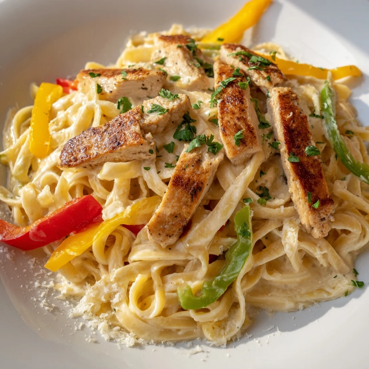 Spicy Cajun Chicken Alfredo with colorful bell peppers tossed in rich, creamy Parmesan sauce.