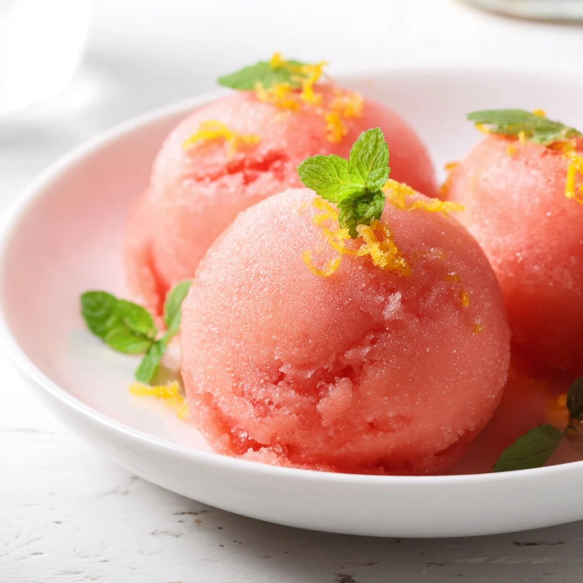 The finished Pink Lemonade Sorbet is shown in a white bowl, garnished with fresh mint leaves and a lemon wedge. The sorbet's pale pink hue is smooth and inviting, perfect for a hot summer day.