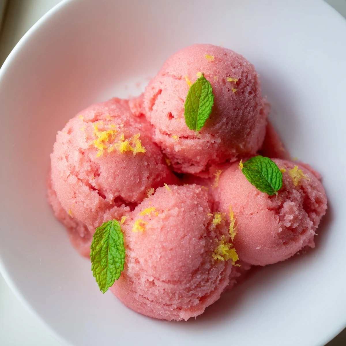 This vibrant Pink Lemonade Sorbet with Fresh Mint Leaves is ready to scoop, featuring a frosty texture in a chilled glass dish. It's a refreshing, vegan-friendly dessert that brightens any table.