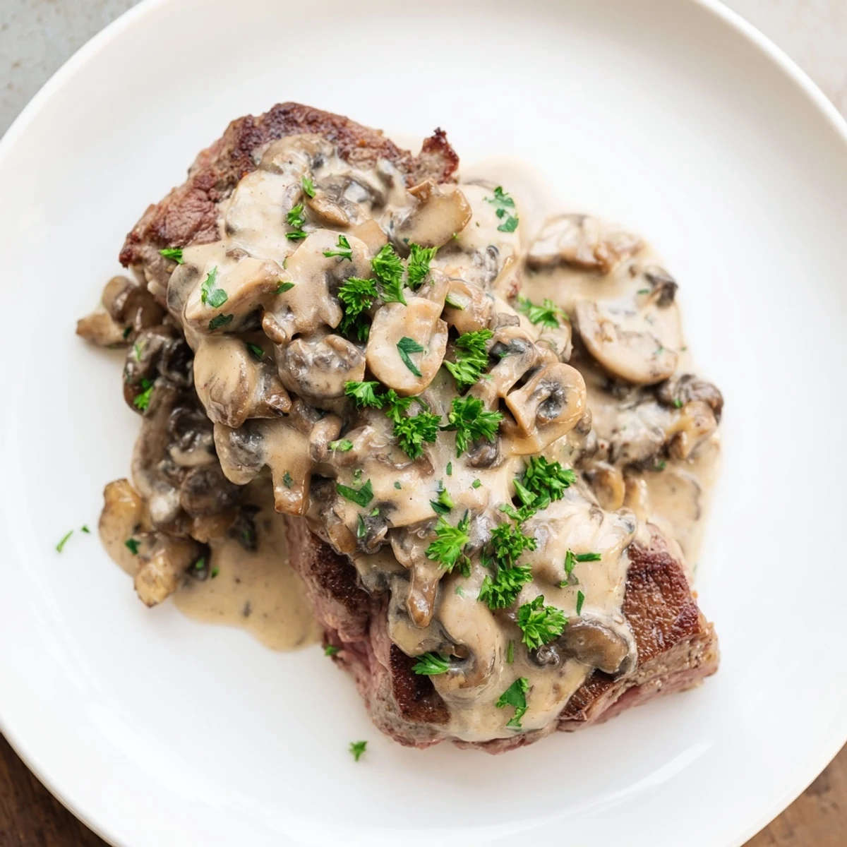 Perfectly seared Steak Diane sits smothered in a rich, creamy mushroom sauce, garnished with fresh parsley and served over mashed potatoes.  