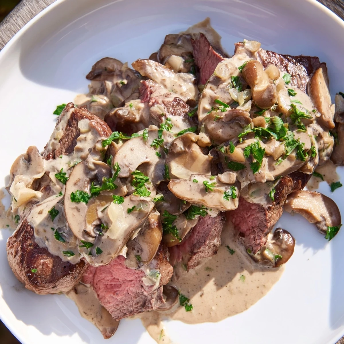 Sizzling Steak Diane with sautéed mushrooms and a velvety sauce, drizzled over a plate paired with green vegetables.