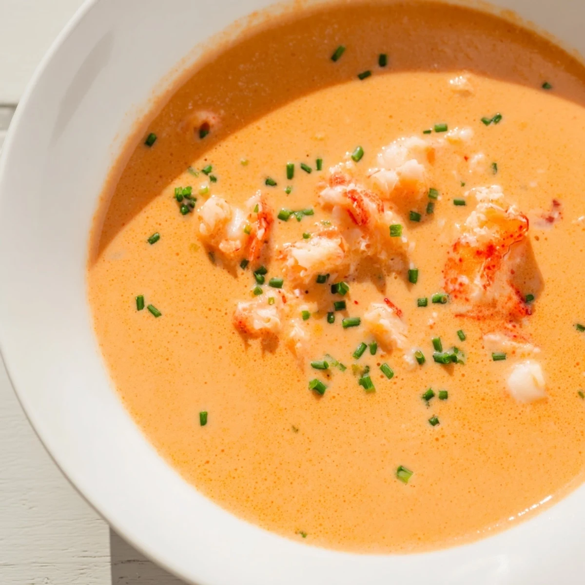 A bowl of creamy lobster bisque with tender chunks of lobster meat, garnished with fresh chives and a swirl of rich cream.