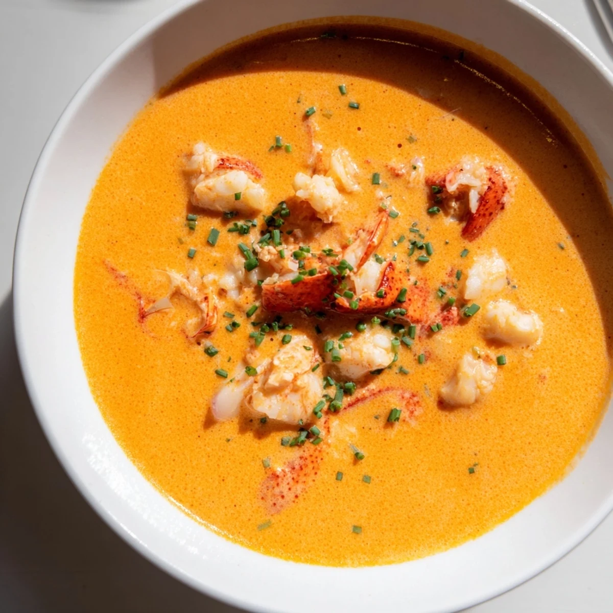 Ladle of luxurious creamy lobster bisque in a dark bowl, with a piece of lobster meat and a sprig of parsley on top.