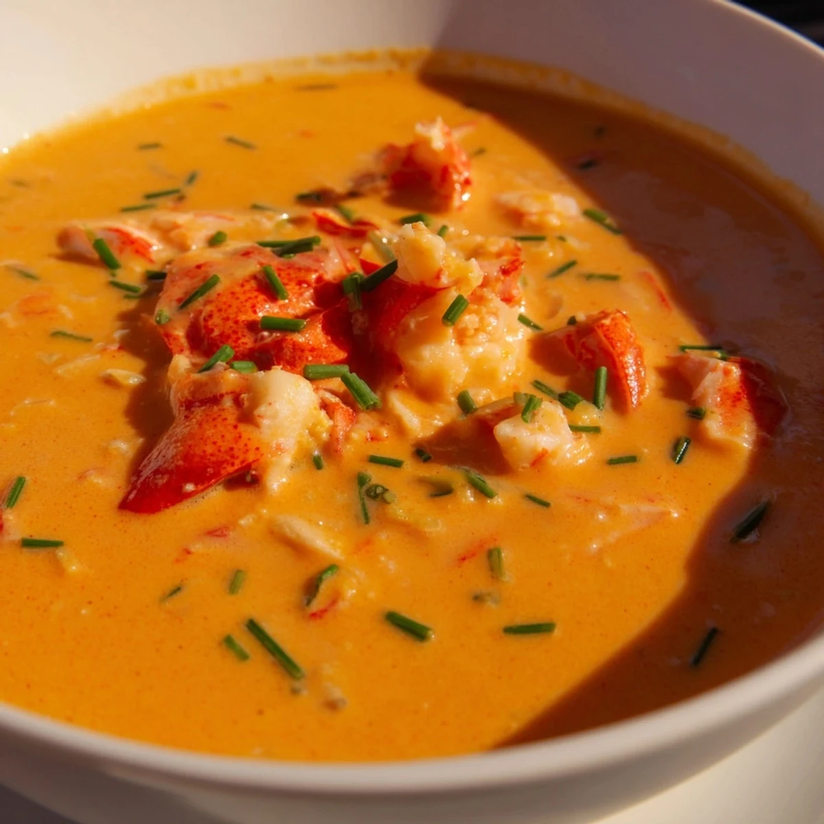 Creamy lobster bisque served in a rustic white bowl, steam rising from the velvety orange-red soup, topped with finely chopped chives.