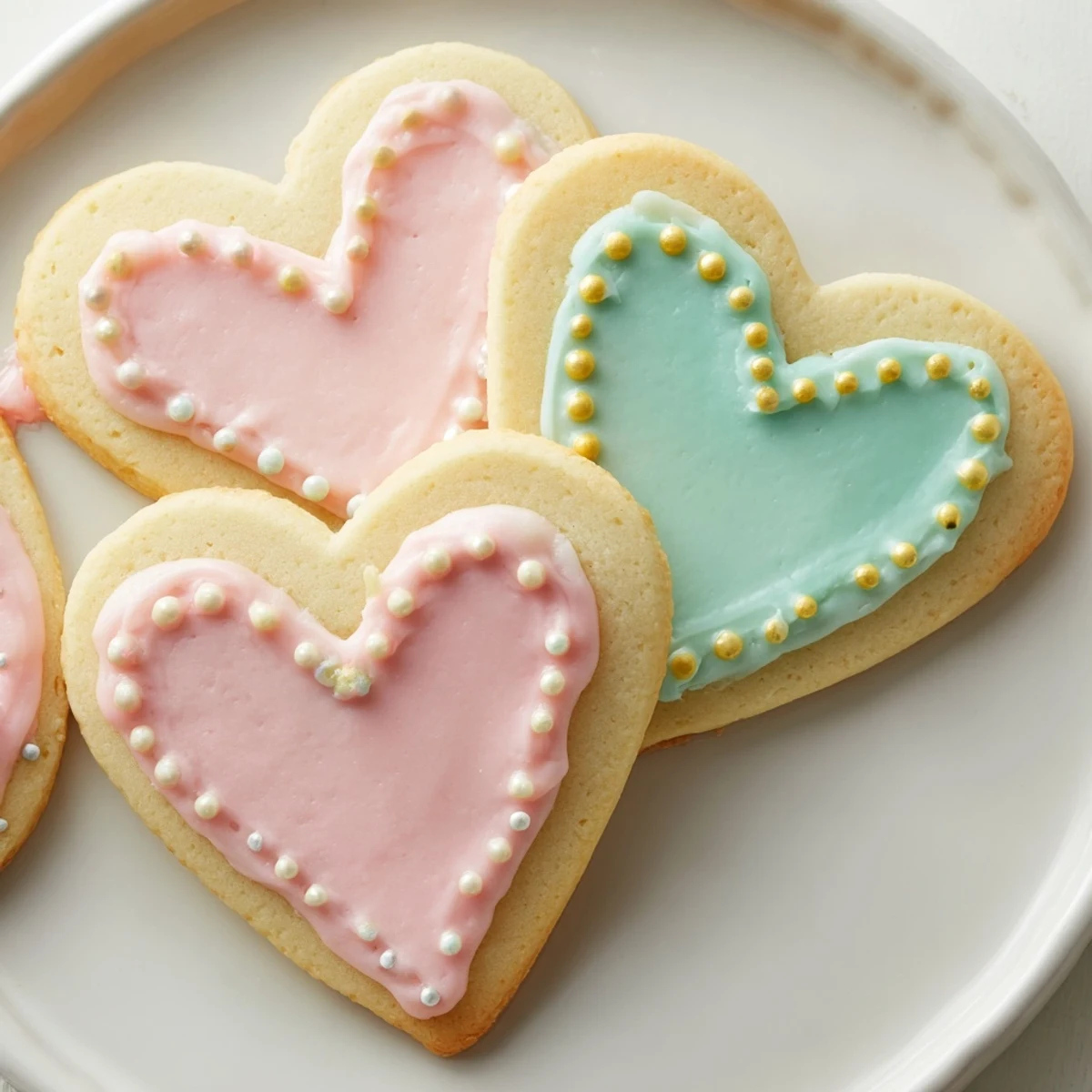 Heart Shaped Sugar Cookies with Royal Icing arranged on a white plate, their crisp red and pink icing gleaming under soft kitchen lighting.