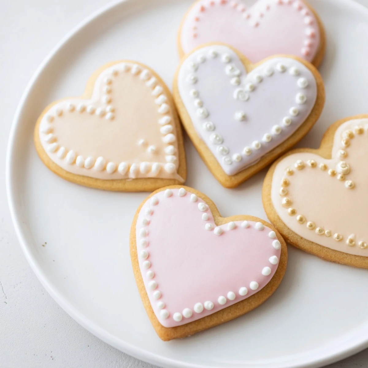 Stacked Heart Shaped Sugar Cookies with Royal Icing on a marble countertop, perfect for Valentine's Day dessert platters or gifting.