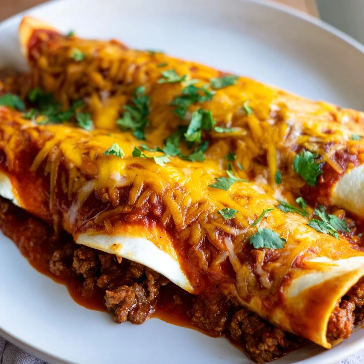 Golden melted cheese topping Beef Enchiladas with Red Sauce and Cheese, garnished with fresh cilantro.