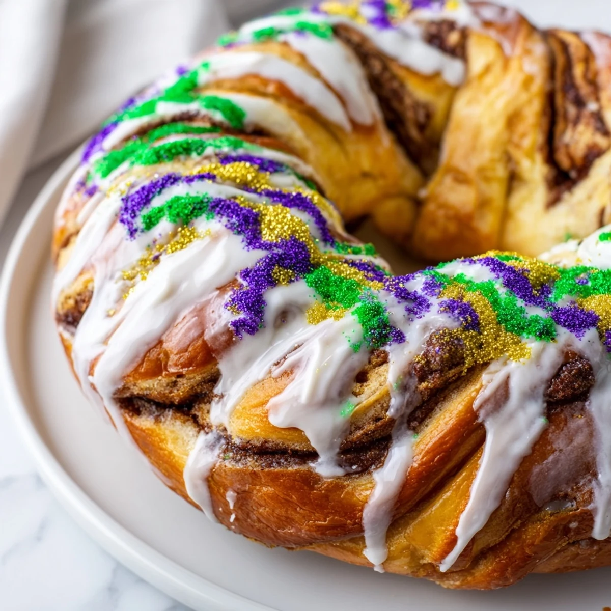 A freshly baked Mardi Gras King Cake with a golden brioche swirl, drizzled with white icing and dusted with purple, green, and gold sugars on a festive table.  
