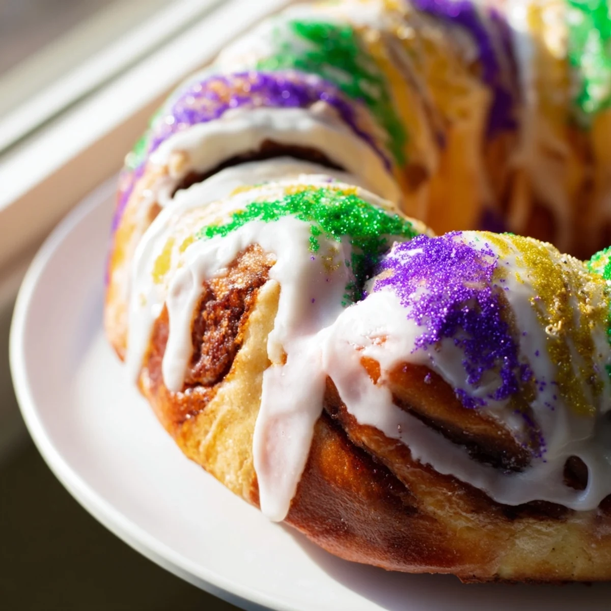 Golden-slice of tender Mardi Gras King Cake reveals a rich cinnamon filling, served on a dessert plate with colorful sprinkles for a New Orleans celebration.  