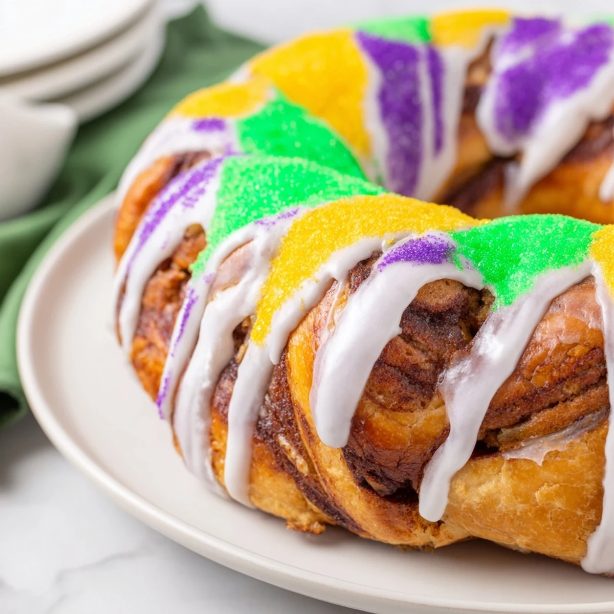 Festive Mardi Gras King Cake displayed on a wooden board, topped with vibrant icing and Mardi Gras-colored sugars, perfect for a Carnival party dessert spread.