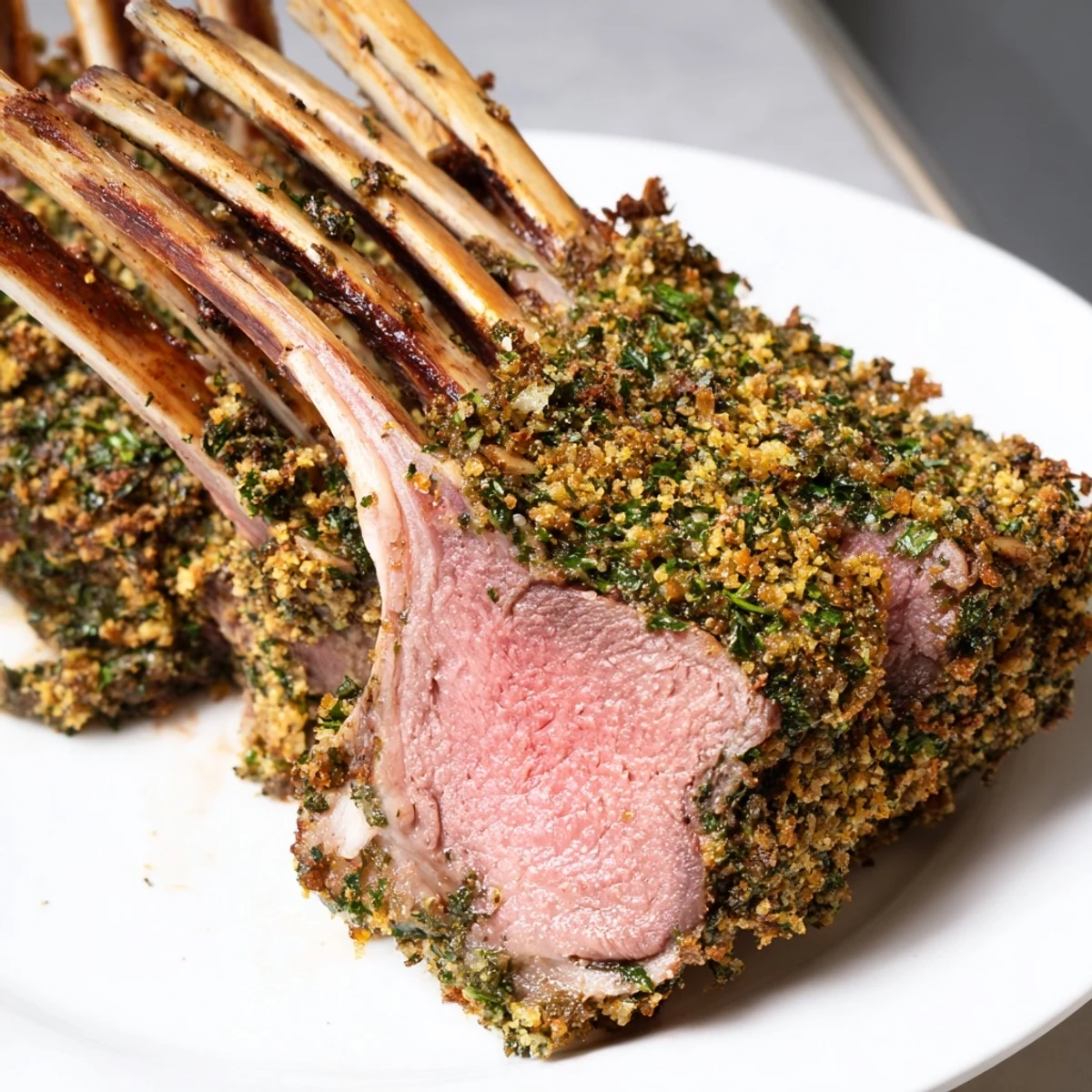 A golden, herb-crusted roasted lamb rack rests on a rustic wooden cutting board, garnished with fresh rosemary sprigs.
