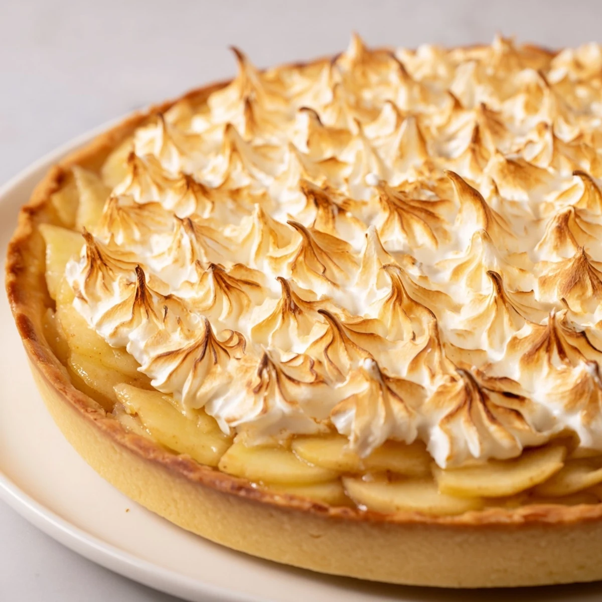 The golden-brown Irish Apple Amber Tart showcases a cloud of fluffy meringue topping and baked apple slices on a rustic wooden table, with a slice being cut to reveal the sweet, warm filling.