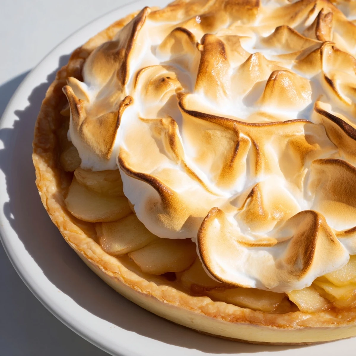 In this vibrant photo, the classic Irish Apple Amber Tart features a crisp pastry crust filled with tender, spiced apples, elegantly swirled with toasted meringue peaks, ready to serve.