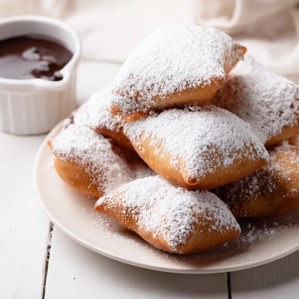 Golden, pillowy Mardi Gras beignets dusted with powdered sugar and drizzled with glossy chocolate sauce.