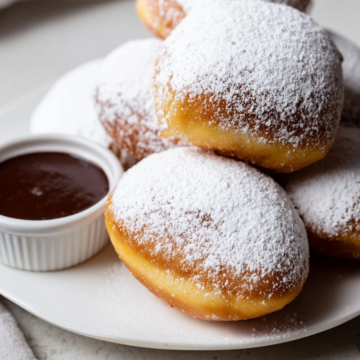 Freshly fried New Orleans-style Mardi Gras beignets, powdered and served with a cup of warm chocolate sauce.