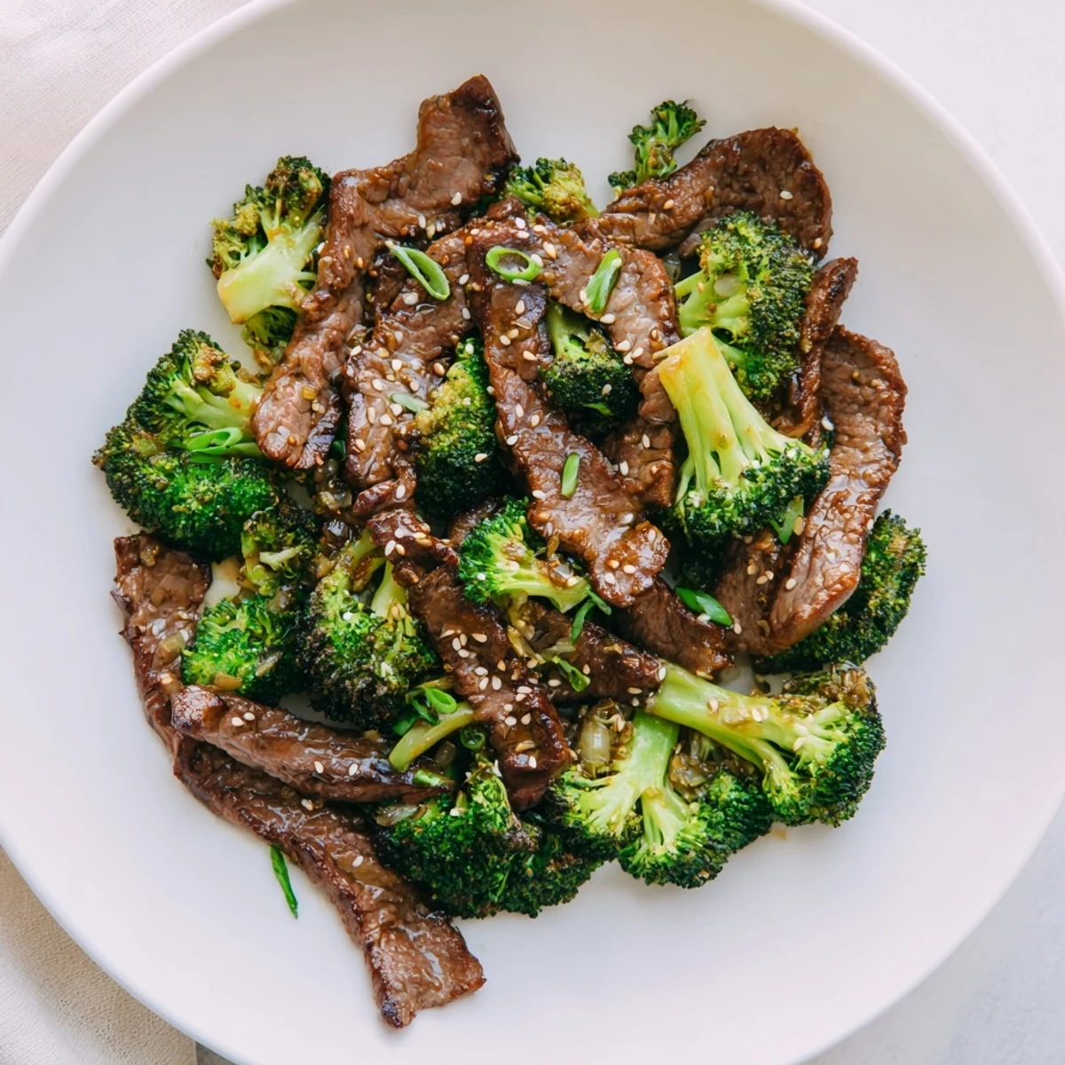 Quick and satisfying beef and broccoli stir fry with ginger sauce served family-style in a wok.