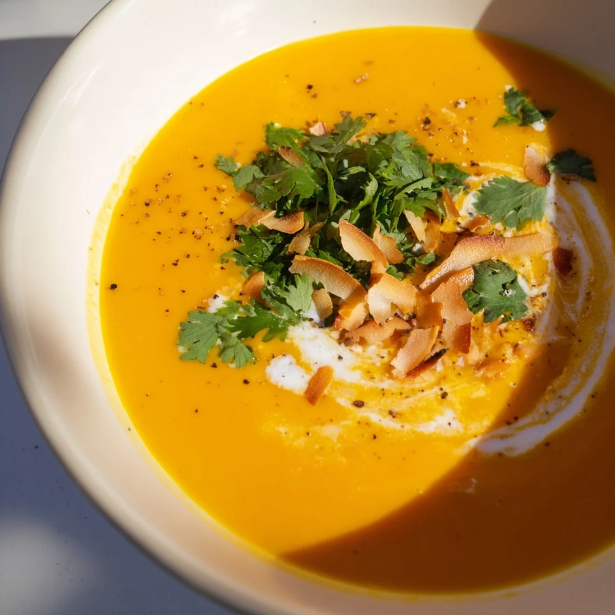 Vibrant carrot and ginger soup with coconut milk in a white bowl, garnished with cilantro and toasted coconut flakes.  