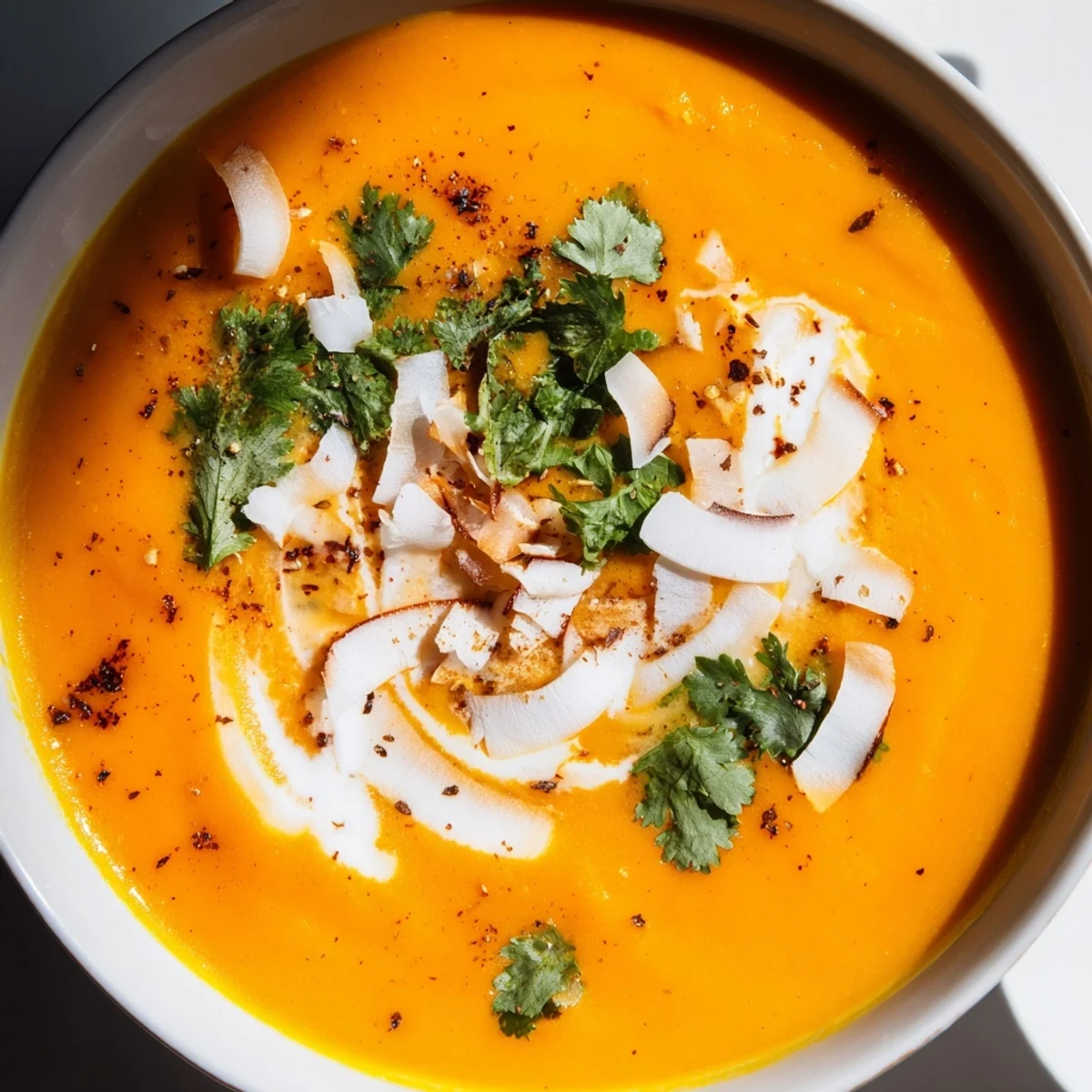 Comforting carrot and ginger soup with coconut milk, garnished with lime slices and fresh cilantro on a wooden table.