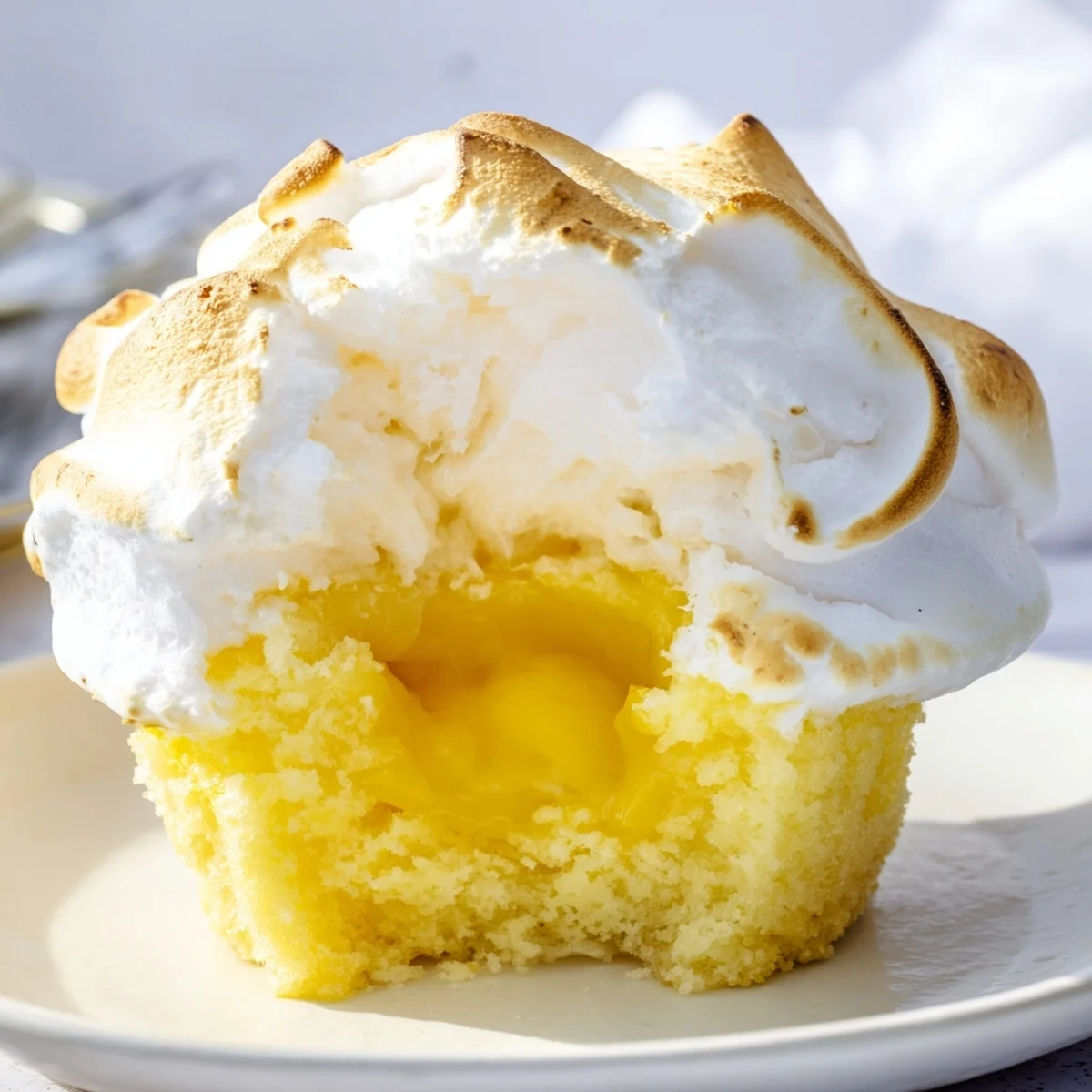 Fluffy golden Lemon Meringue Cupcakes sit on a marble counter, topped with swirls of toasted meringue and bright yellow curd.
