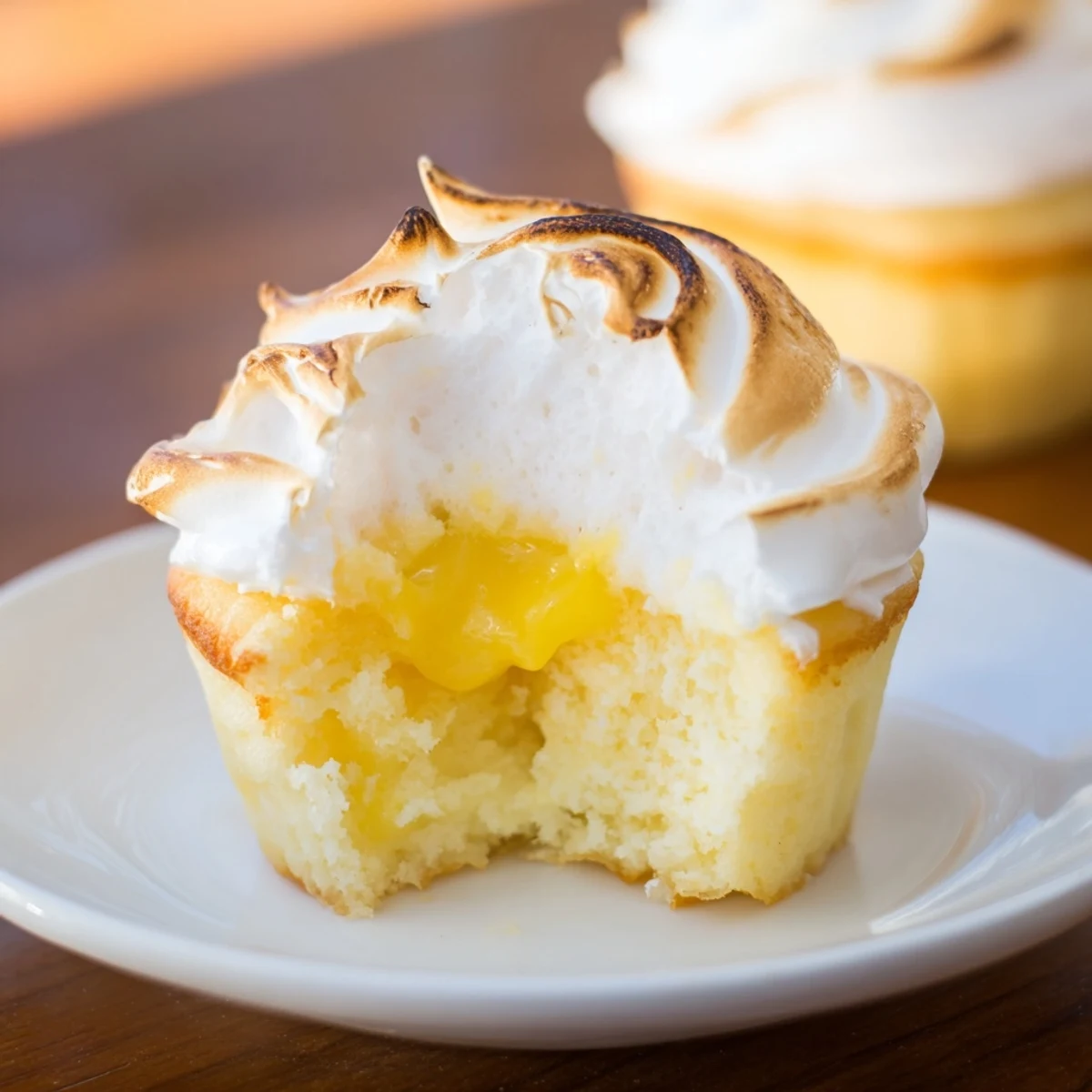 Golden-brown Lemon Meringue Cupcakes are arranged on a white plate, ready to be served with a glass of iced tea.