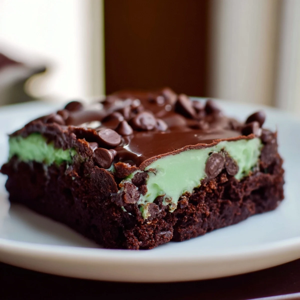 A close-up of Mint Chocolate Chip Brownies showcasing the glossy chocolate topping and soft mint layer.