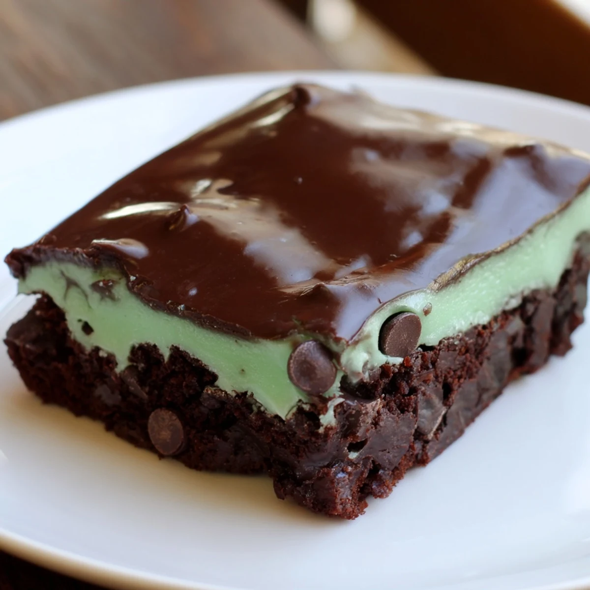 Stacked squares of Mint Chocolate Chip Brownies on a wooden board, perfect for serving with ice cream.