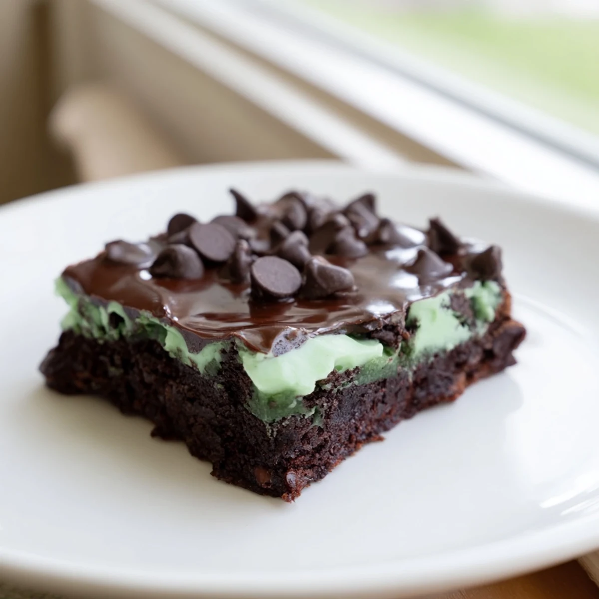 Mint Chocolate Chip Brownies cut into neat pieces, revealing the fudgy texture and chocolate chips inside.