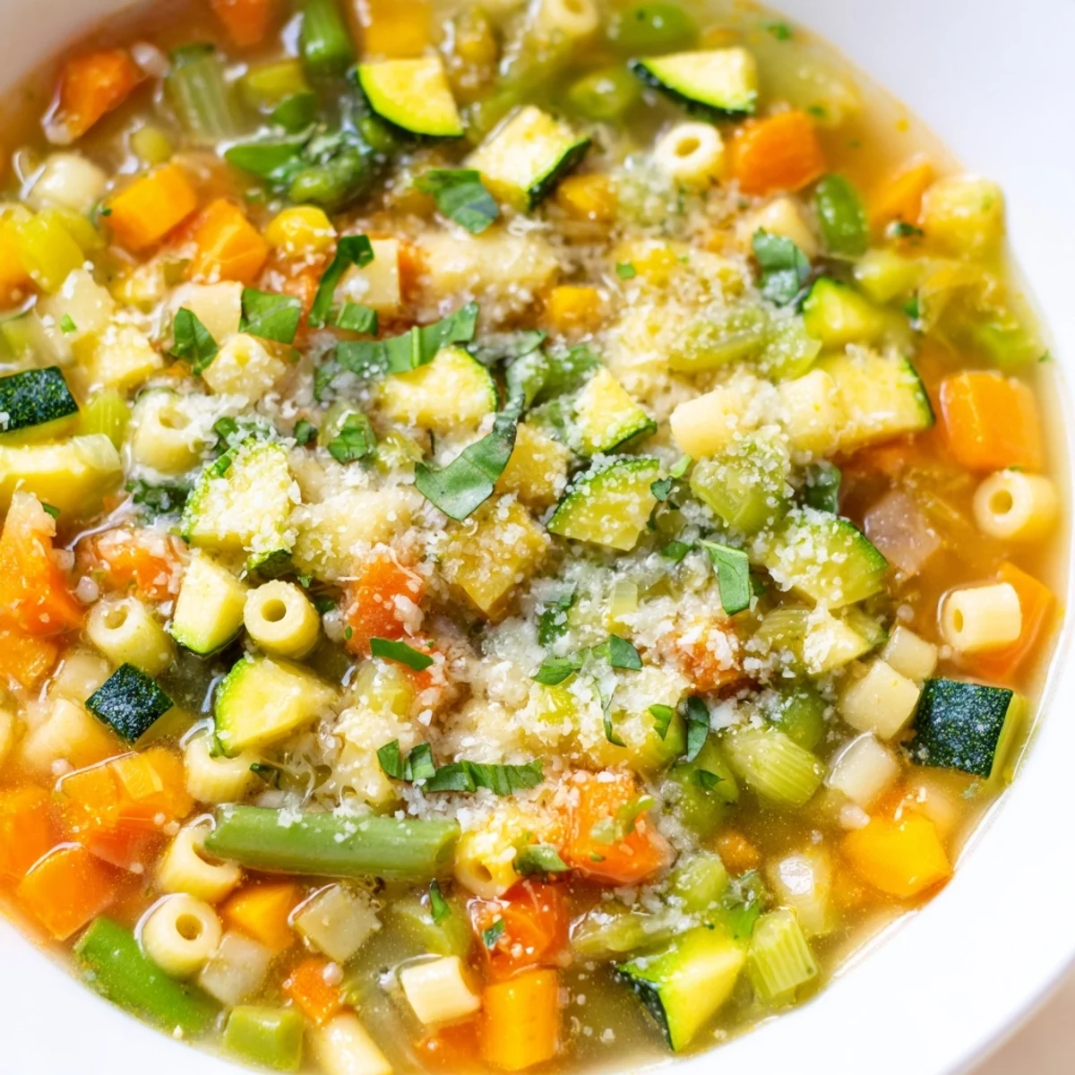 A steaming bowl of Spring Vegetable Minestrone Soup garnished with fresh basil and grated Parmesan.  