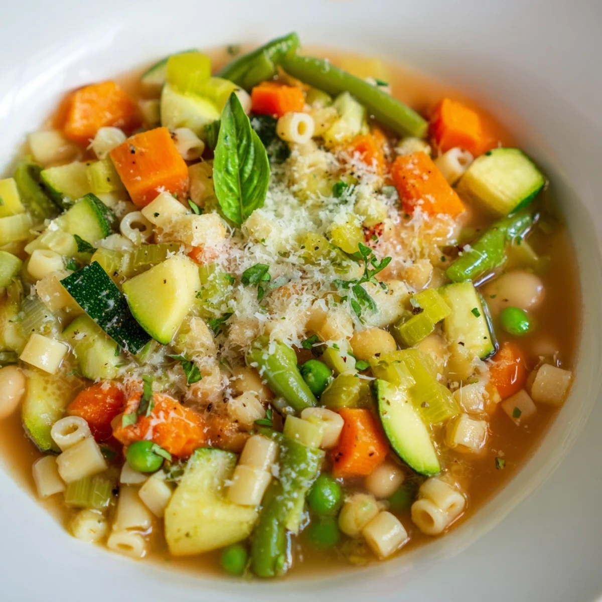 Serving of Spring Vegetable Minestrone Soup with vibrant zucchini, spinach, and cannellini beans ready to enjoy.