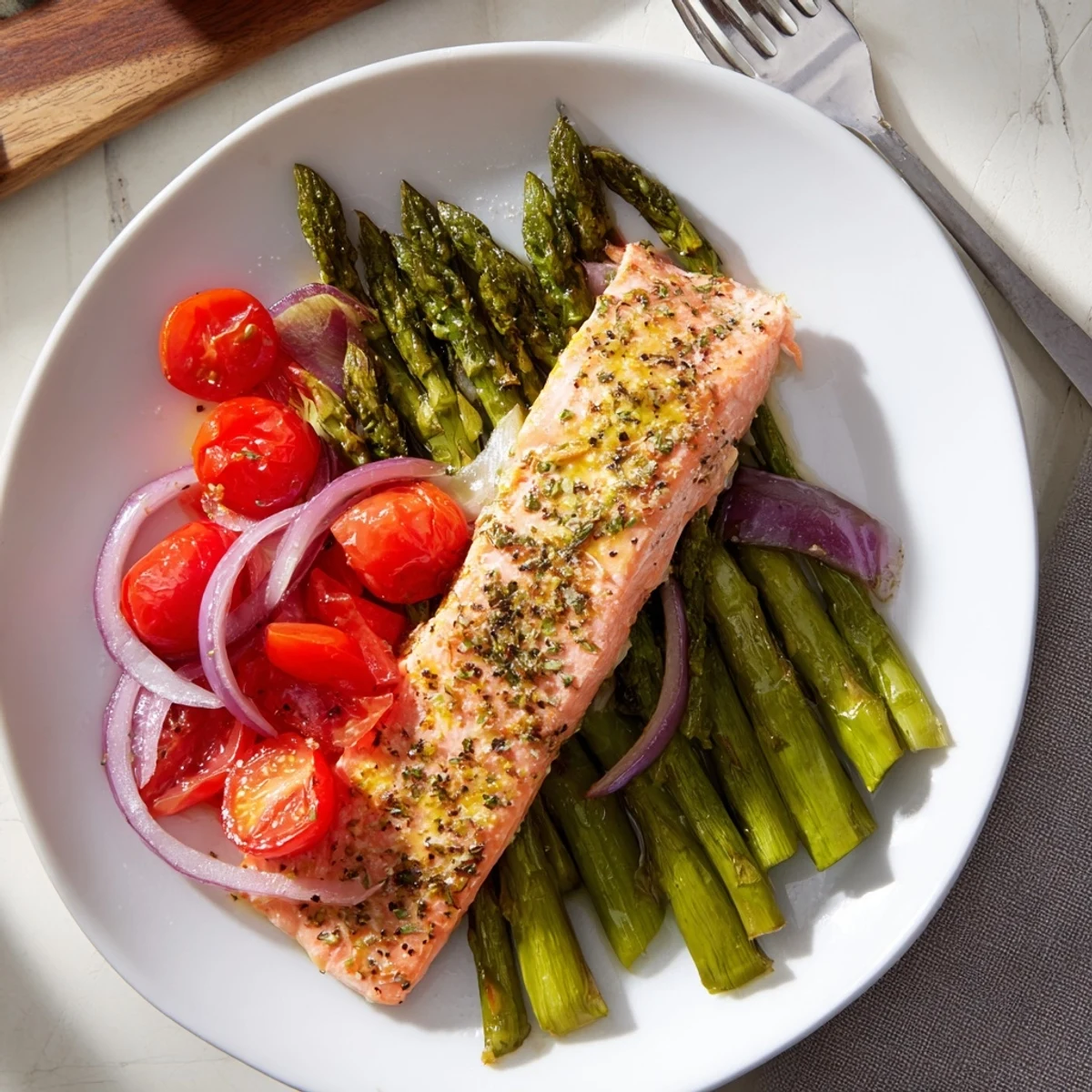 Roasted sheet pan salmon with asparagus and tomatoes garnished with fresh parsley and lemon wedges.