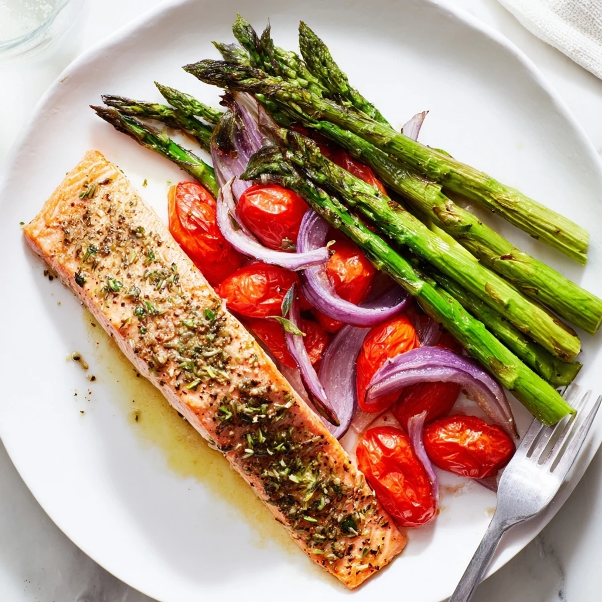 Healthy, gluten-free sheet pan salmon and vegetables, finished with herbs and lemon, ready to serve to four.