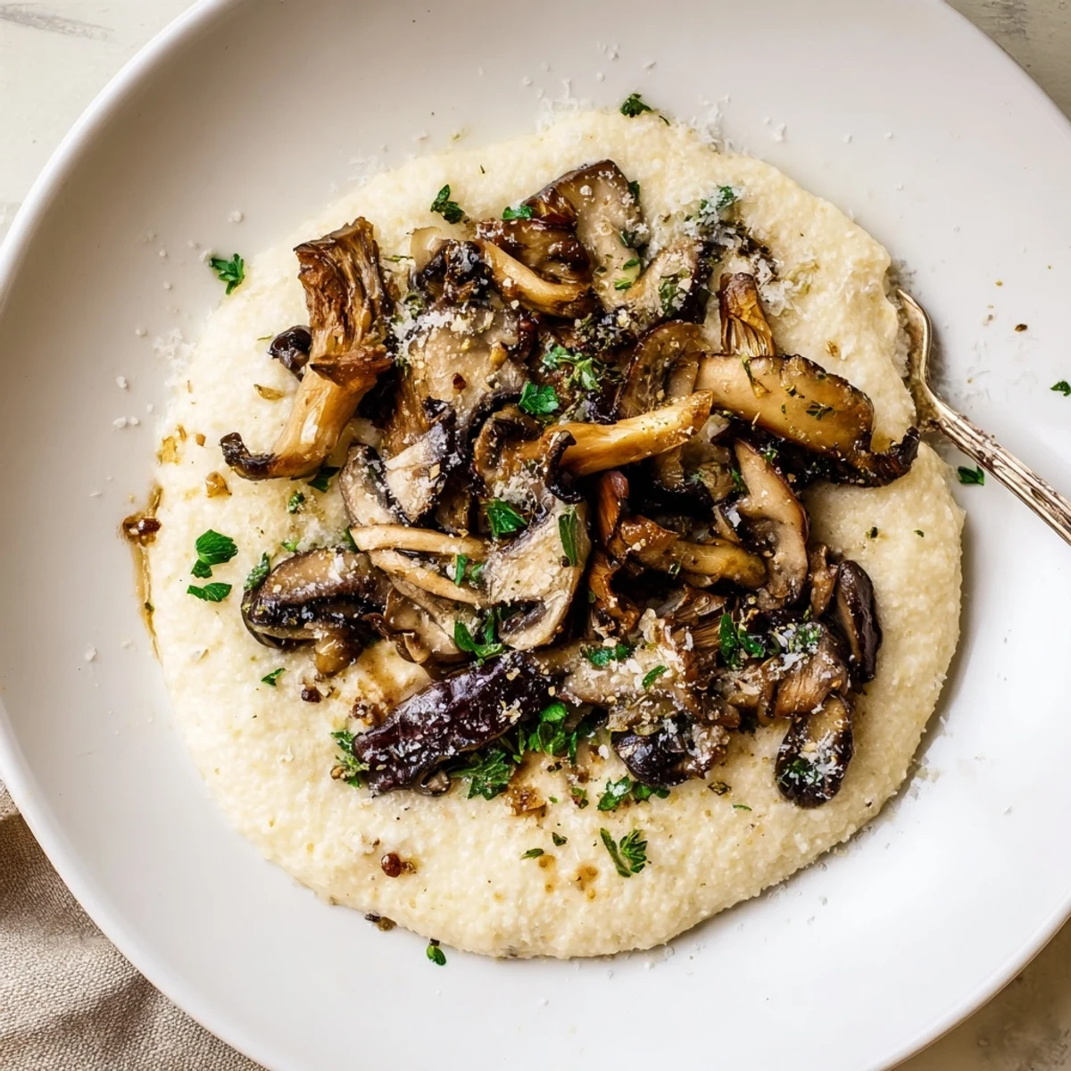 Creamy polenta in a rustic bowl, topped with golden roasted mushrooms, fresh parsley, and grated Parmesan cheese for a comforting vegetarian meal.  