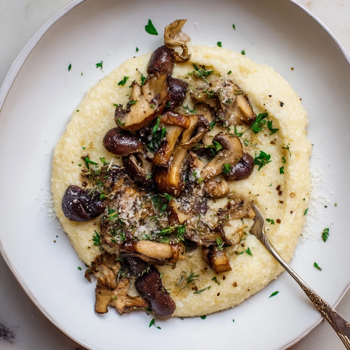 Golden roasted mushrooms atop a bed of creamy polenta, garnished with parsley and Parmesan, perfect for an elegant side or main dish.
