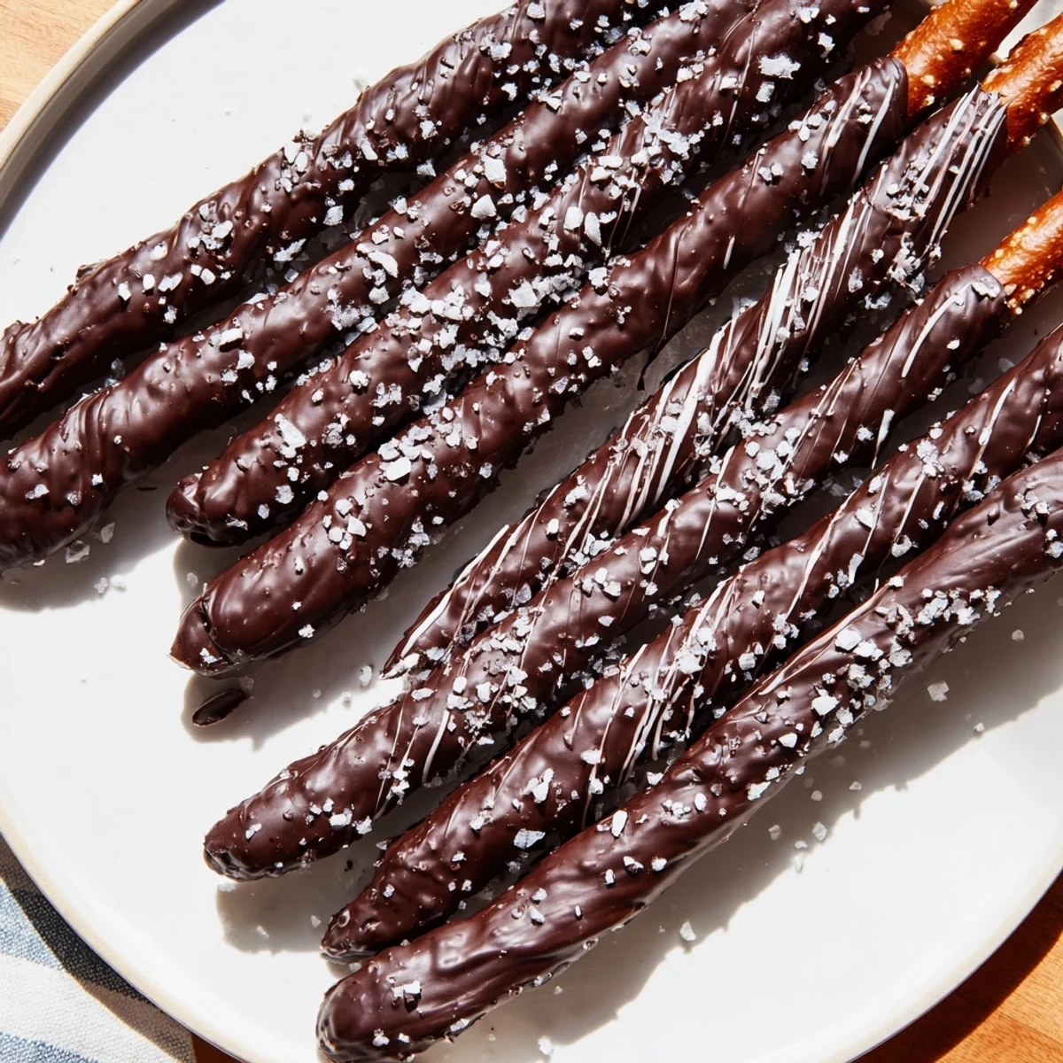 Pretzel rods coated in glossy dark chocolate, sprinkled with flaky sea salt on a rustic wooden board.