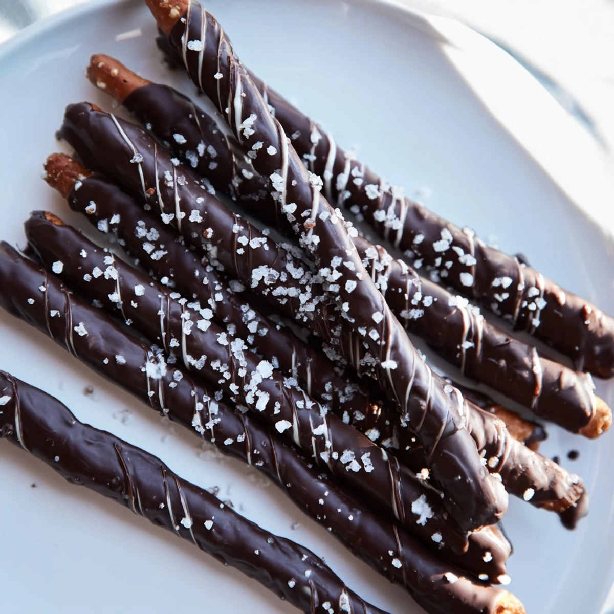 Arrangement of homemade Chocolate Dipped Pretzels with Sea Salt on parchment, ready for a party snack platter.