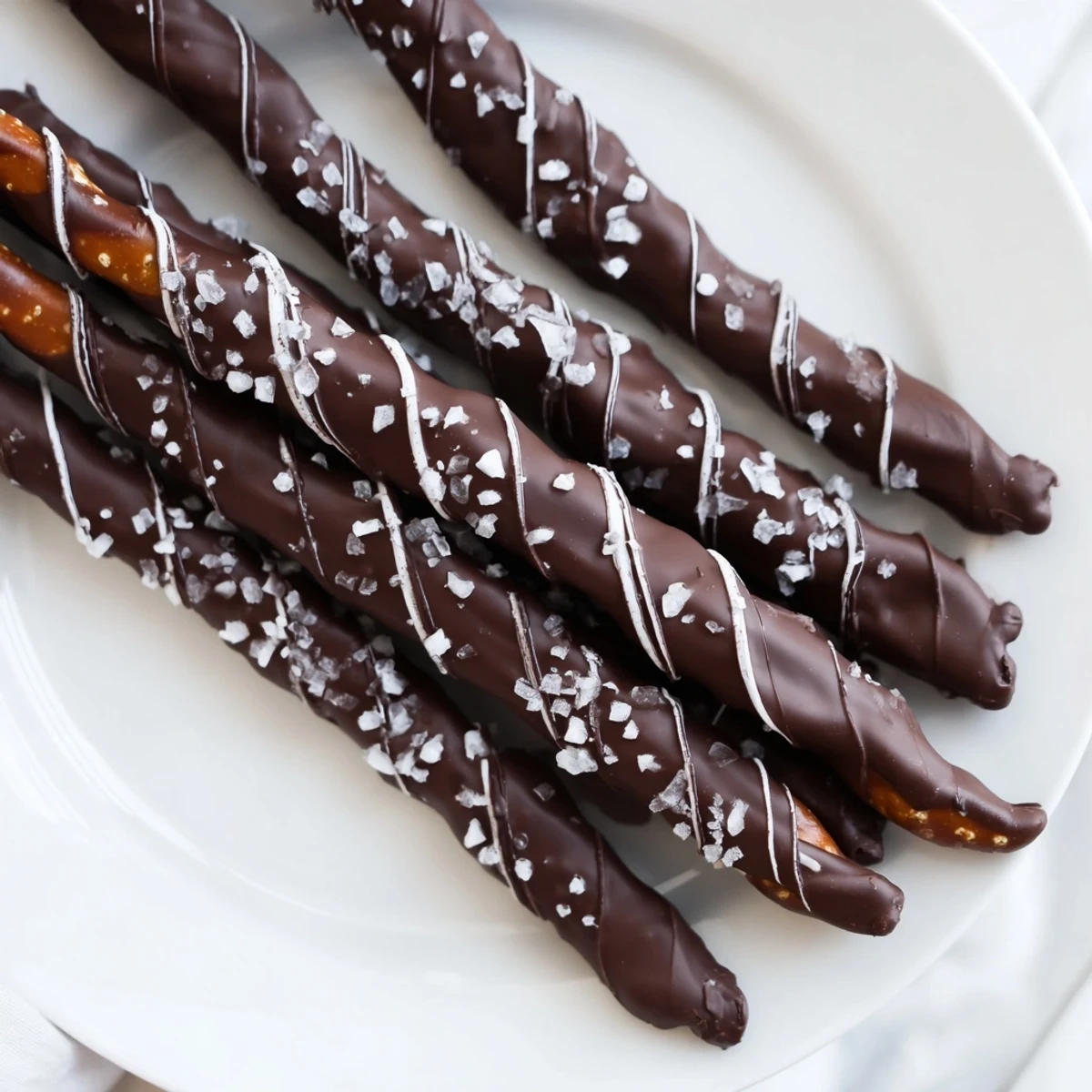 A close-up view of Chocolate Dipped Pretzels with Sea Salt, showing crunchy texture and sweet-salty contrast.