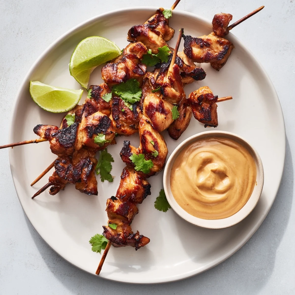 Golden-brown grilled Chicken Satay Skewers with Peanut Sauce, garnished with fresh cilantro and lime wedges.
