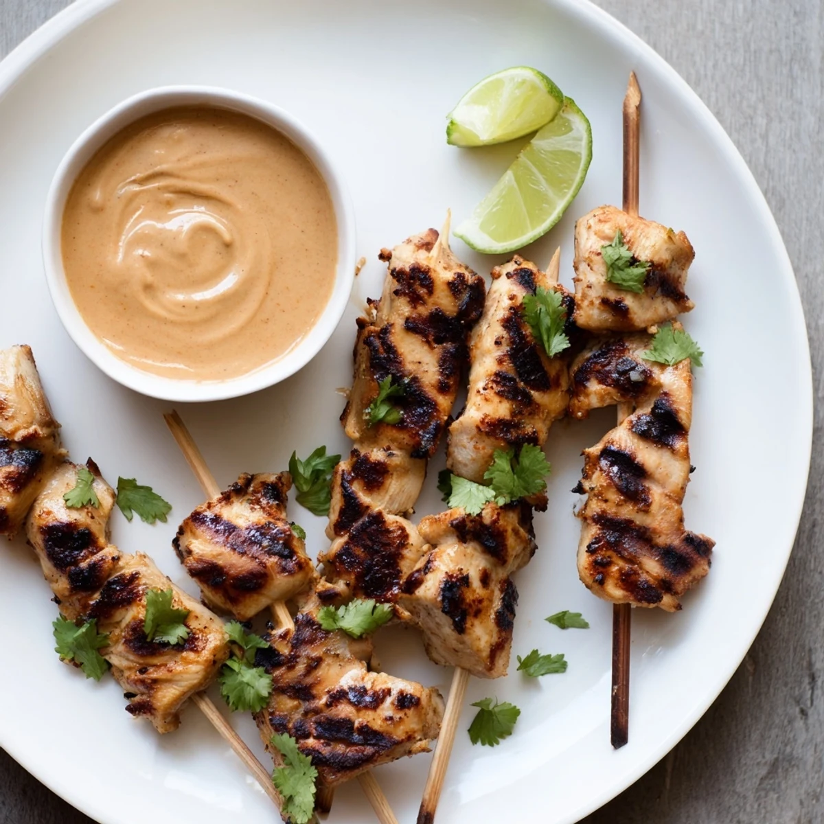 Close-up of tender Chicken Satay Skewers with Peanut Sauce, served with cucumber slices on a wooden platter.